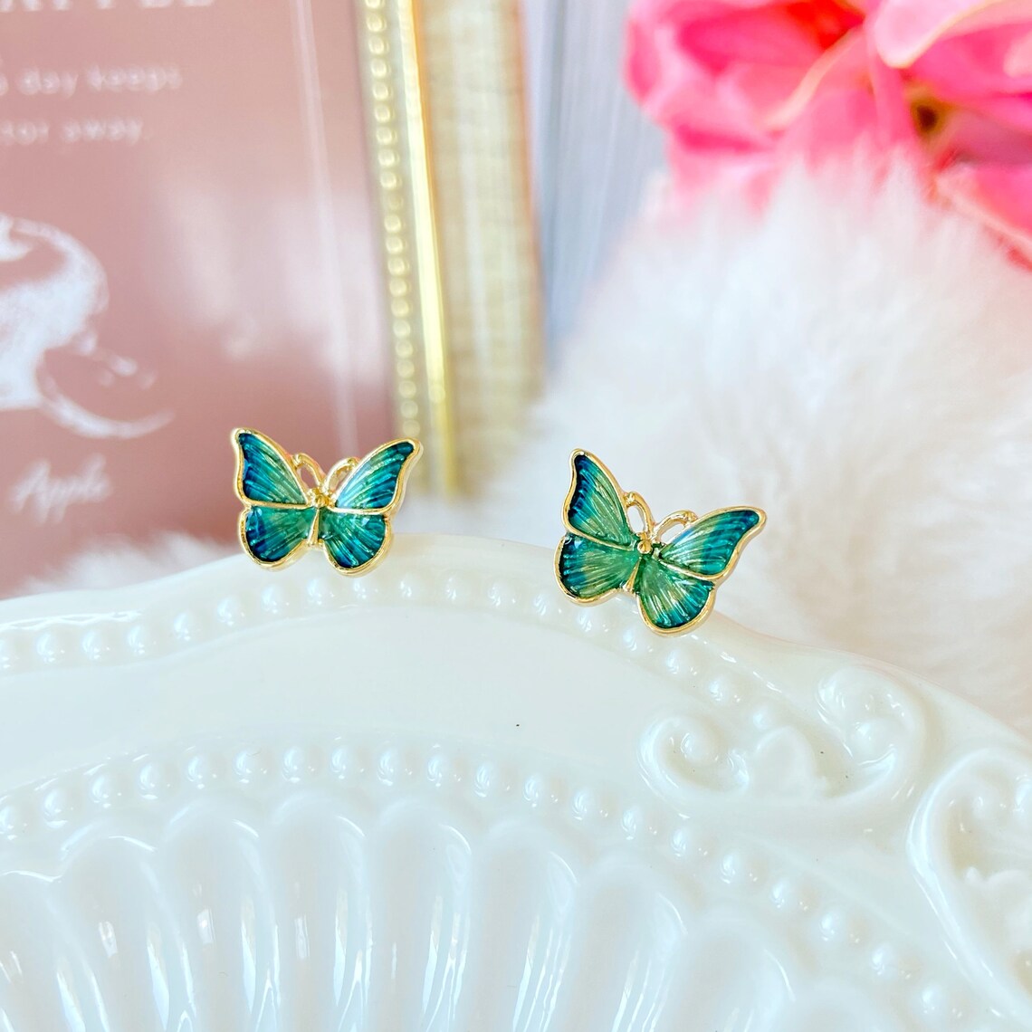 Butterfly Stud Earrings, Gradient Earrings, Green Butterfly Earrings, Blue Butterfly Earrings